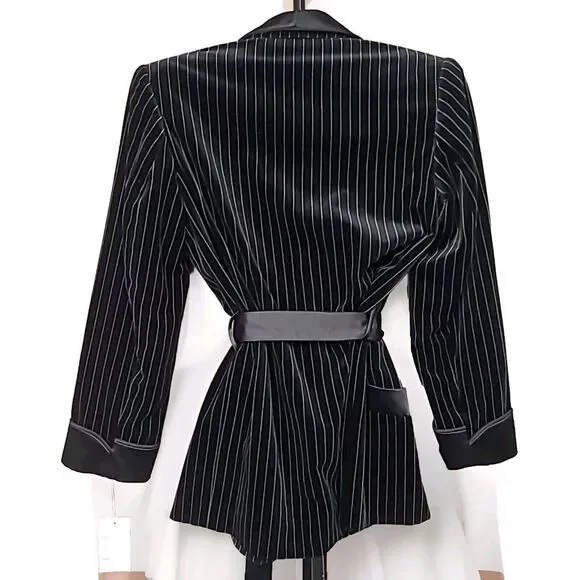 LW WARDY Black PinStripe Velvet Satin Collar Smoking Jacket Blazer Small Vintage
